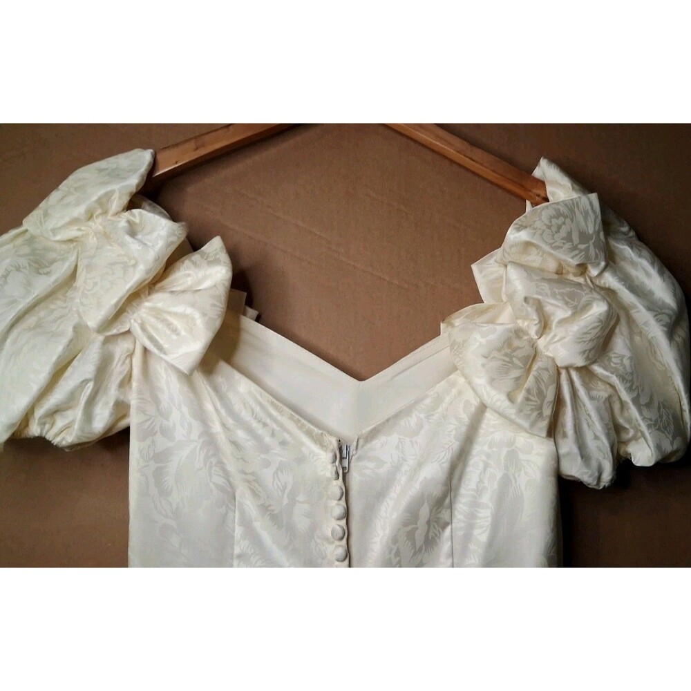 Vintage 80s 90s Satin Wedding Gown with Cathedral Train Romantic Brocade Floral - Picture 8 of 16